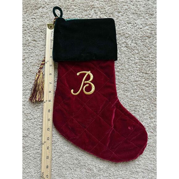 Harvey Lewis Embroidered Monogrammed B Christmas Stocking Red/Green Velvet - Picture 2 of 3